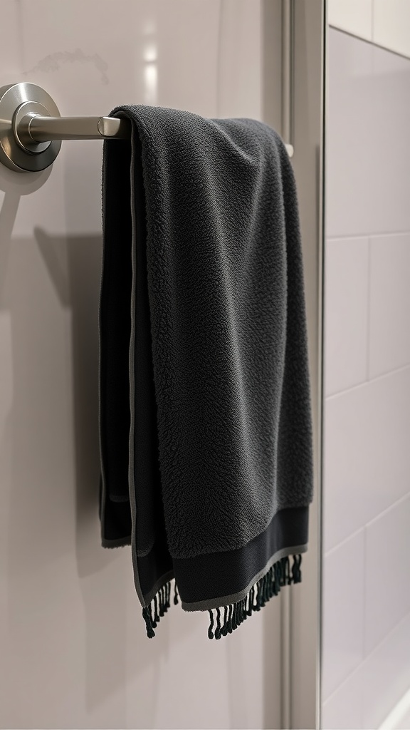 Black towel hanging on a silver towel rack in a modern bathroom