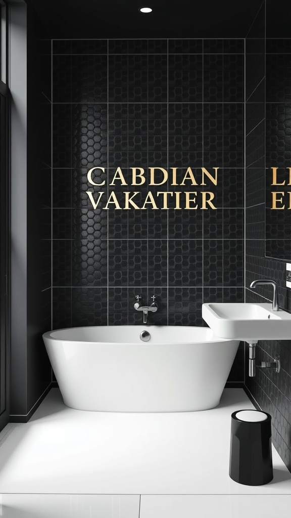 A black aesthetic bathroom featuring a white bathtub, gold accents, and black tiles.