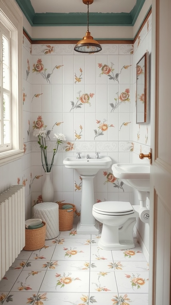 A cozy bathroom featuring floral printed tiles with roses, a white pedestal sink, and natural decor elements.