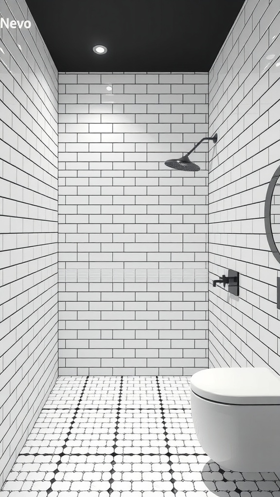 Modern bathroom featuring white tiles with black grout and a black ceiling.
