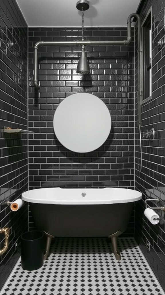 A modern bathroom featuring black subway tiles on the walls, a freestanding black and white bathtub, and industrial elements like exposed pipes and a pendant light.