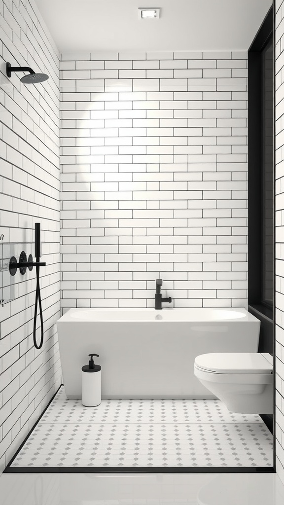 Modern bathroom with white tiles and black grout featuring a freestanding bathtub and minimalist design.