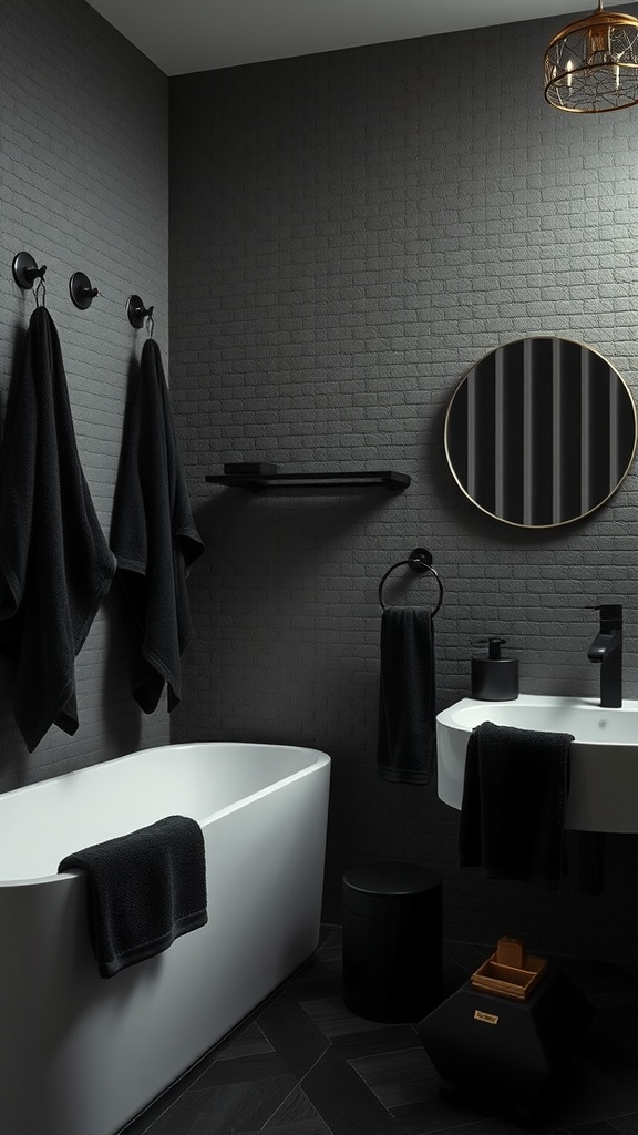 A black aesthetic bathroom featuring textured black walls, dark towels, sleek fixtures, and a white bathtub.