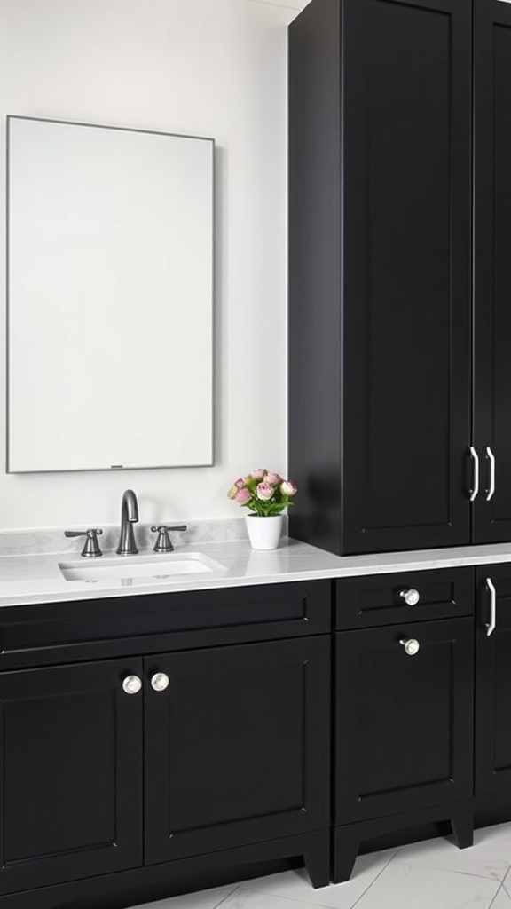 A modern bathroom featuring dark cabinets with silver knobs, a white sink, and a mirror
