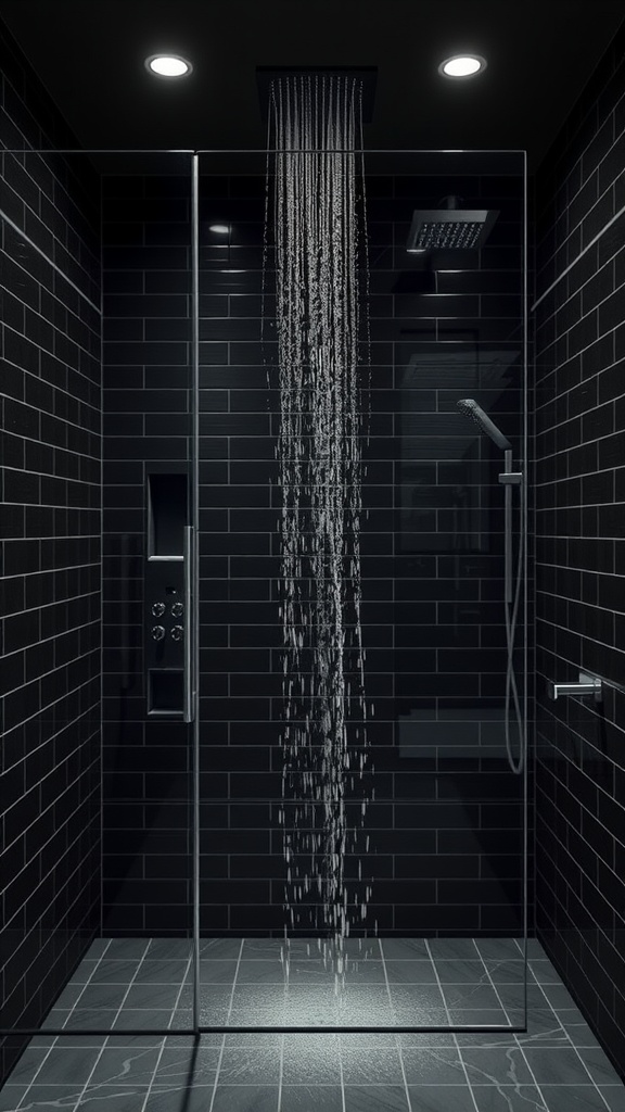 Modern black tiled shower with rainfall showerhead