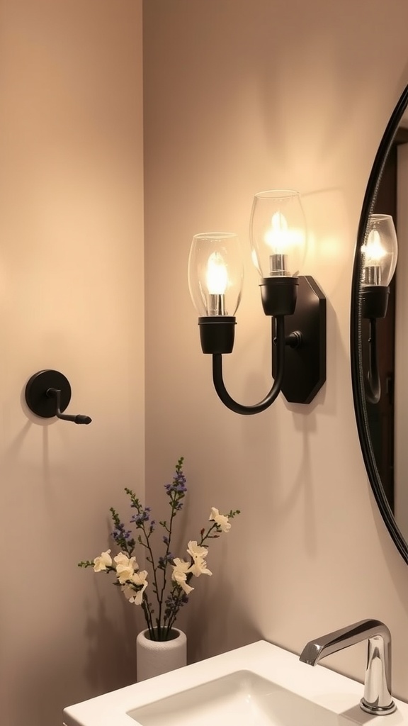 Elegant black and silver wall sconces in a bathroom with floral decoration