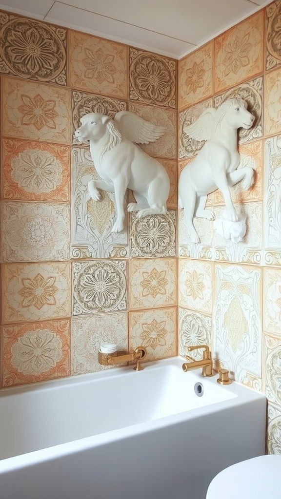 Decorative relief tiles in a vintage bathroom featuring winged horse sculptures