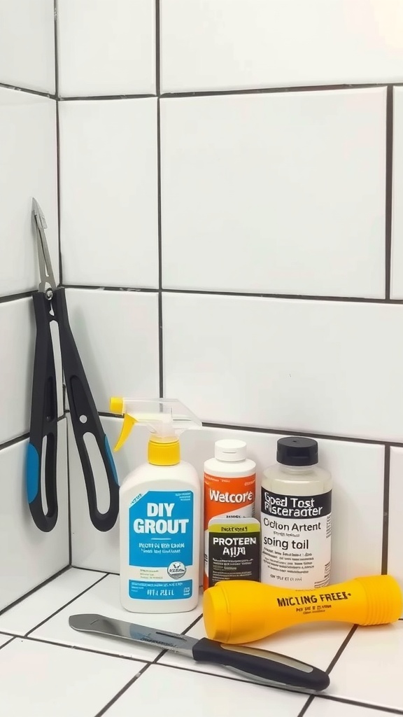 Tools and materials for DIY grout repair in a bathroom with white tile and black grout