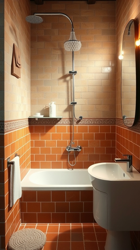 Rustic bathroom featuring terracotta tiles with a bathtub and shower, complemented by modern fixtures