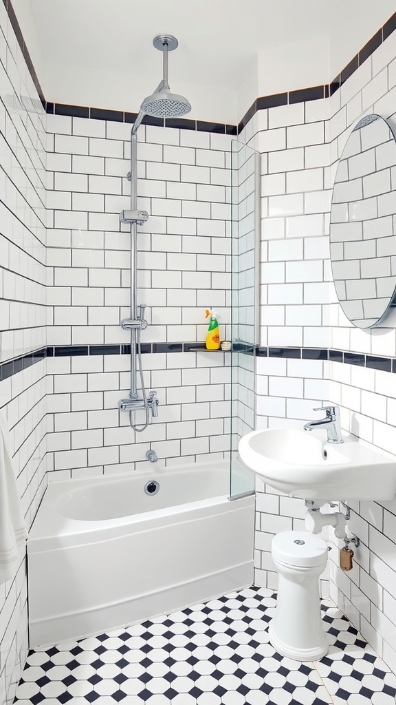 A stylish bathroom with white tiles and black grout, featuring a shower, bathtub, and sink.