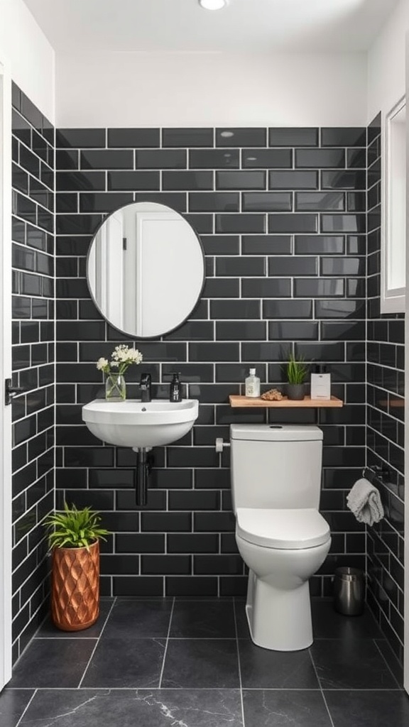 A modern bathroom featuring black subway tiles on the walls, a round mirror, and a stylish sink.