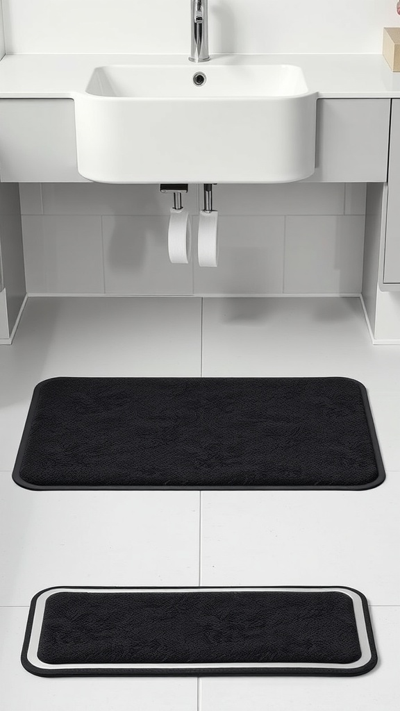 Black floor mats with silver trim in a modern bathroom setting.