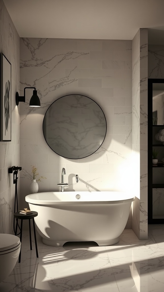 Elegant black lighting in a stylish bathroom with a round mirror and a modern bathtub