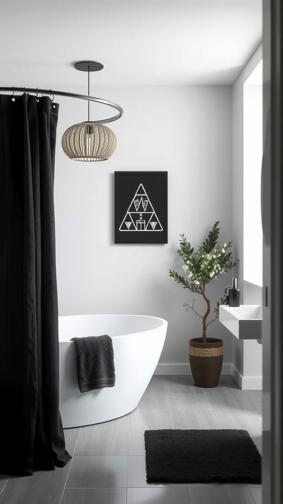 A modern bathroom featuring elegant black shower curtains, minimalist bathtub, and stylish decor.