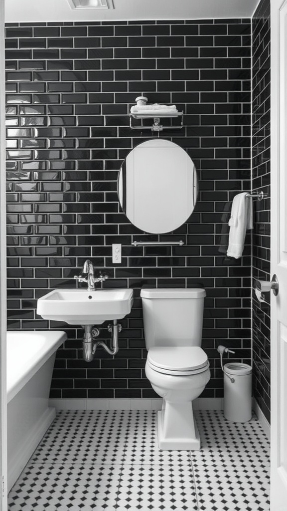 A modern bathroom featuring black subway tiles on the walls and white fixtures including a sink and toilet.