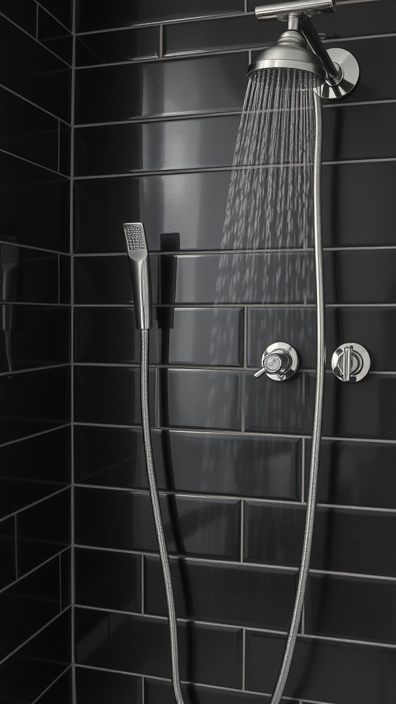 A modern bathroom with black tiled walls and elegant silver shower fixtures.
