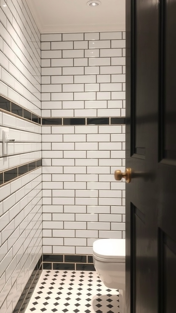 A small bathroom with white subway tiles and black grout, featuring a patterned black and white tile floor.