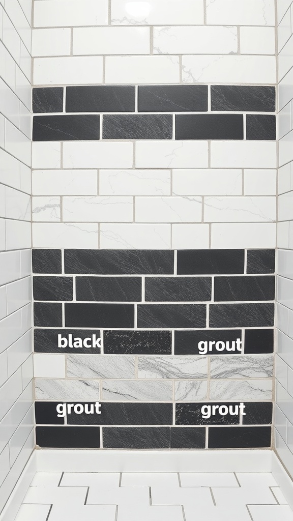 A bathroom wall featuring various grout colors with white tiles, highlighting black grout options.