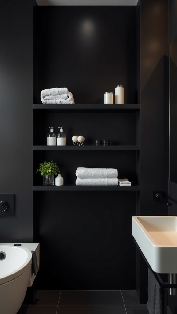 Modern black bathroom featuring floating shelves with towels and decorative items.