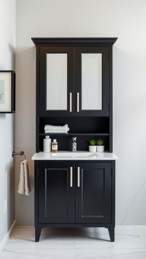 Black bathroom cabinet with glass doors and white countertop
