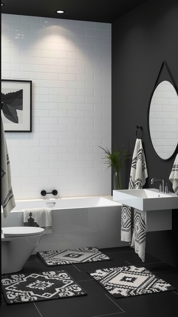 A modern black bathroom featuring geometric patterned rugs and towels.