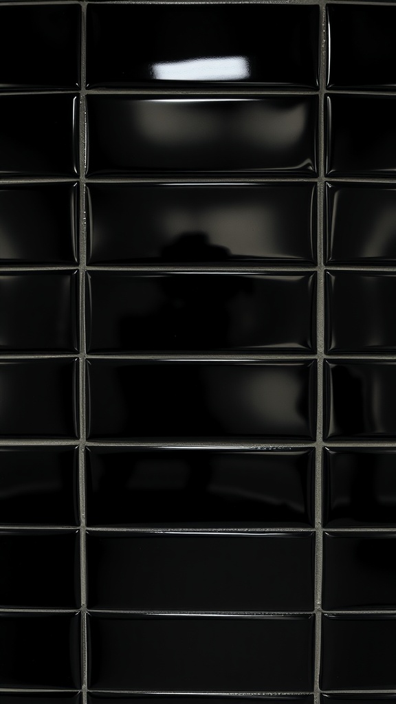 Close-up of black subway tiles with glossy finish