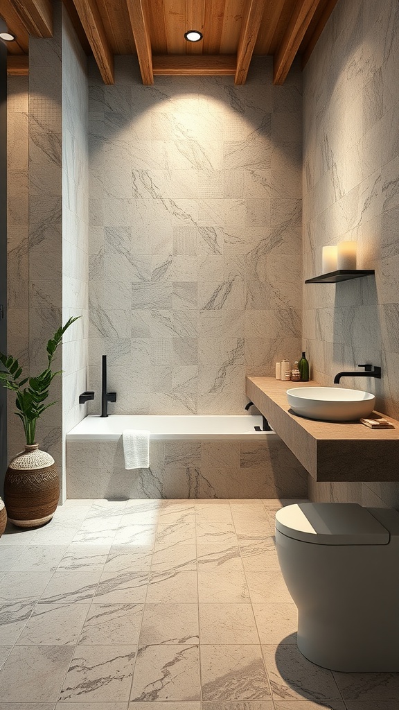 A rustic bathroom featuring granite tiles with wooden accents and a soothing atmosphere.