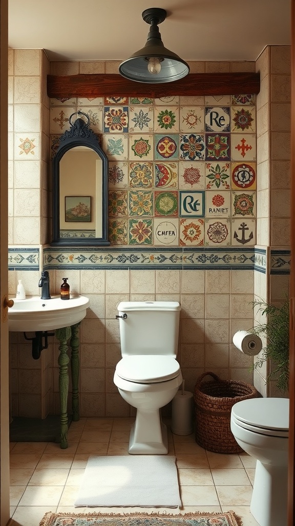 A rustic bathroom featuring hand-painted decorative tiles, wooden accents, and a charming sink.