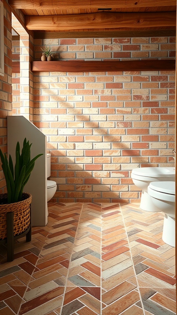 A rustic bathroom featuring herringbone patterned clay tiles on the floor and brick walls, with wooden beams and a plant.