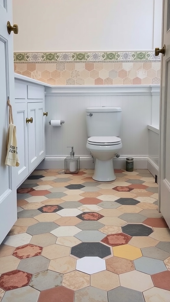 A vintage-style bathroom featuring hexagonal floor tiles in earthy tones and a decorative tile border.