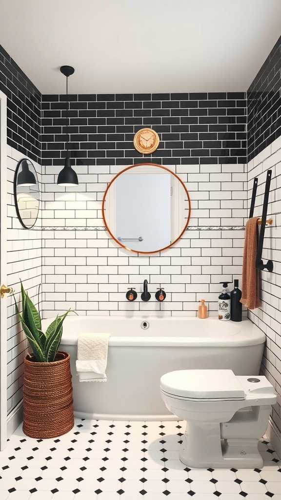 A stylish bathroom featuring black and white tiles, a round mirror, plants, and various accessories.