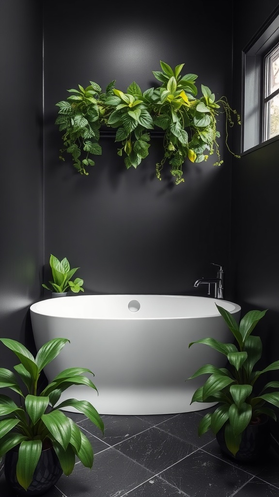 A modern black bathroom featuring a white bathtub surrounded by lush green plants.