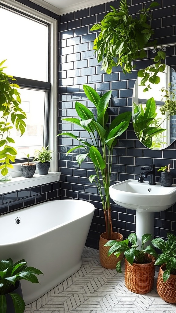 A modern bathroom featuring black subway tiles, a white bathtub, and various plants in decorative pots.