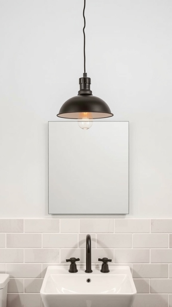 A modern black pendant light hanging above a bathroom sink and mirror