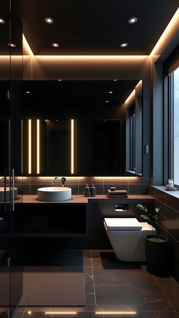 A black modern bathroom featuring innovative lighting solutions, showcasing recessed ceiling lights, LED strips beside the mirror, and under-cabinet lighting.