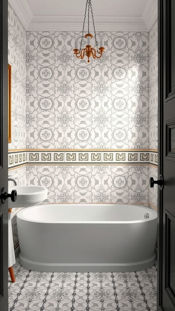 A vintage bathroom featuring intricate arabesque tile designs on the walls and floor, combined with a modern bathtub and elegant chandelier.