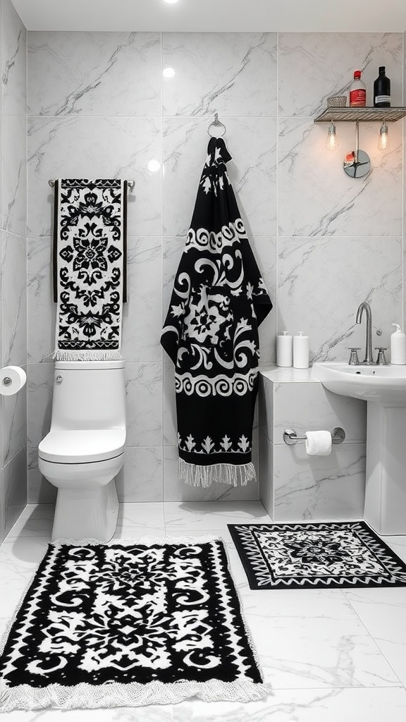 A modern black aesthetic bathroom featuring patterned towels and rugs.