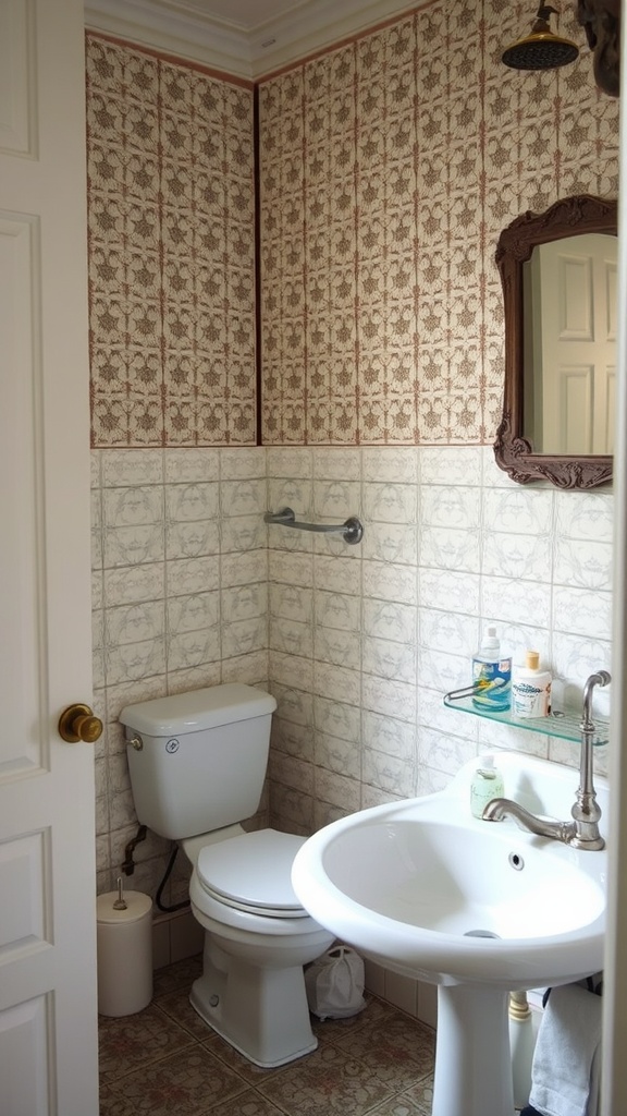 A vintage bathroom featuring lattice patterned wall tiles and white lower tiles.