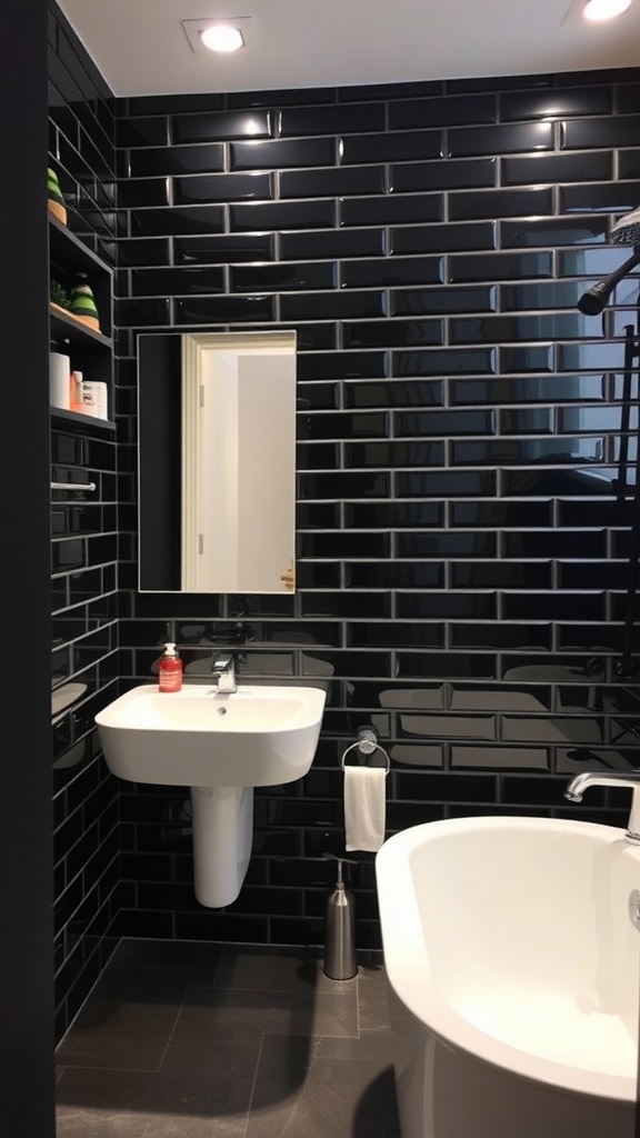 A modern bathroom featuring black subway tiles, a white sink and bathtub, and recessed lighting.