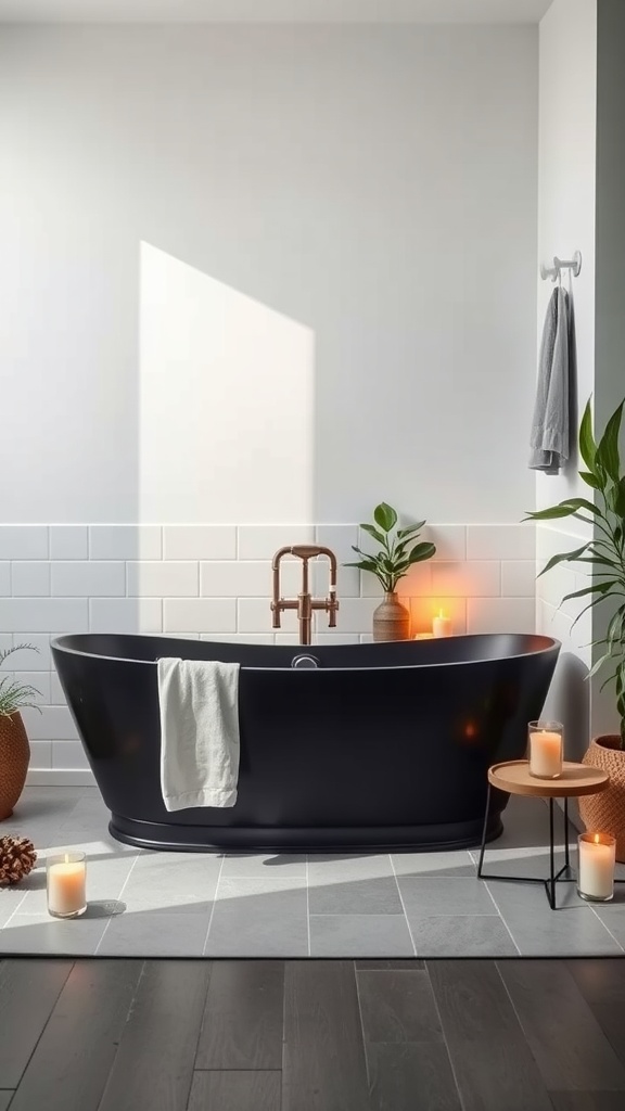 A luxurious black bathtub surrounded by candles and plants, creating a serene bathroom atmosphere.