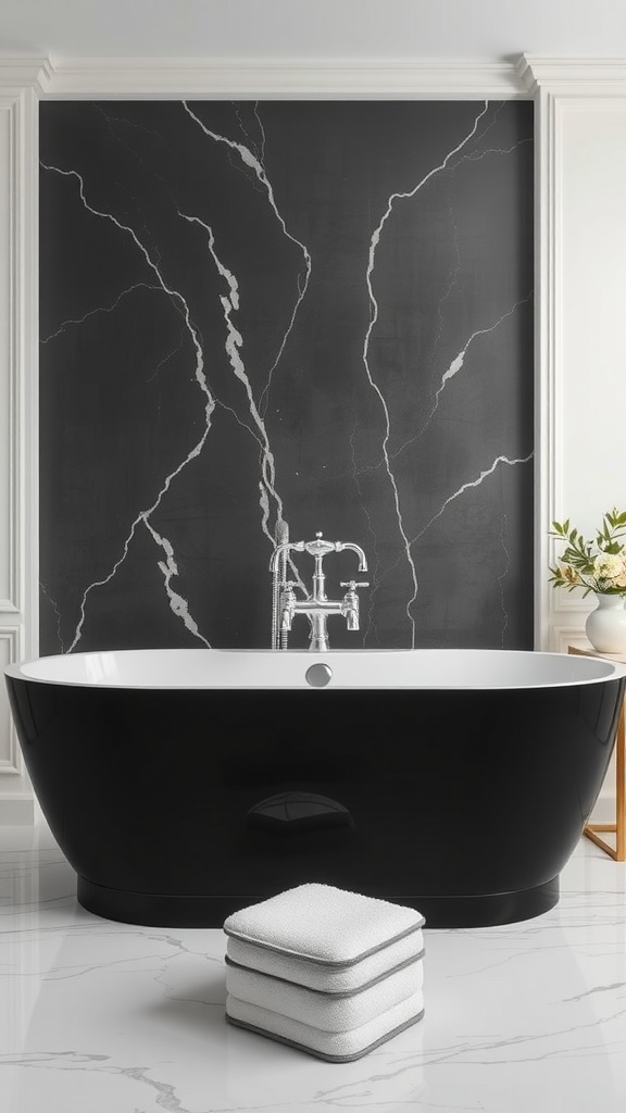 Luxurious black bathtub with silver taps, set against a black wall with white veining.