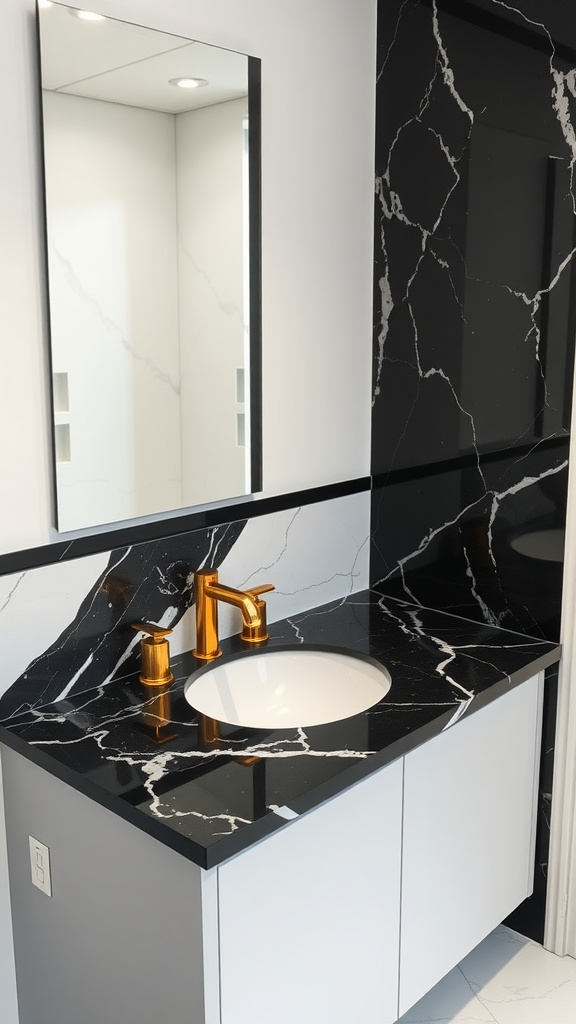 A modern bathroom featuring black marble countertops with white veins, a round white sink, and a golden faucet.