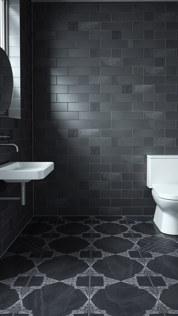 A modern bathroom featuring matte black tiles on the walls and an intricate patterned floor.