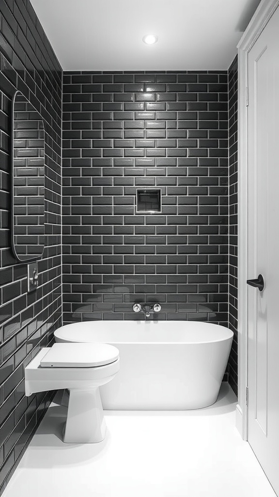 A minimalist bathroom featuring black subway tiles on the walls, a white freestanding bathtub, and a modern toilet.
