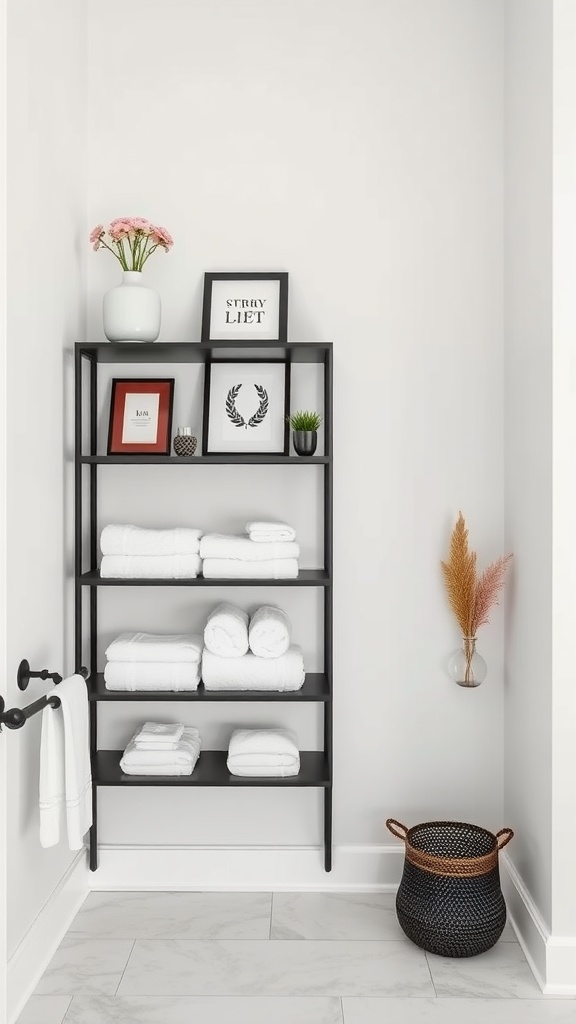 A minimalist black shelving unit in a stylish bathroom, featuring neatly arranged towels and decorative items.