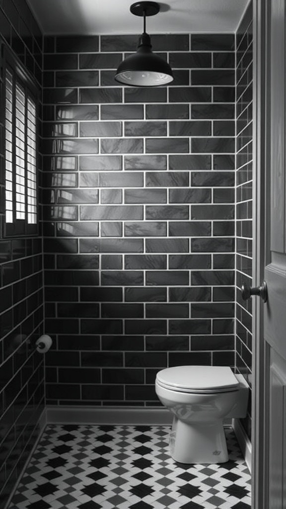 A stylish bathroom featuring black subway tiles on the walls and a geometric black and white floor design.
