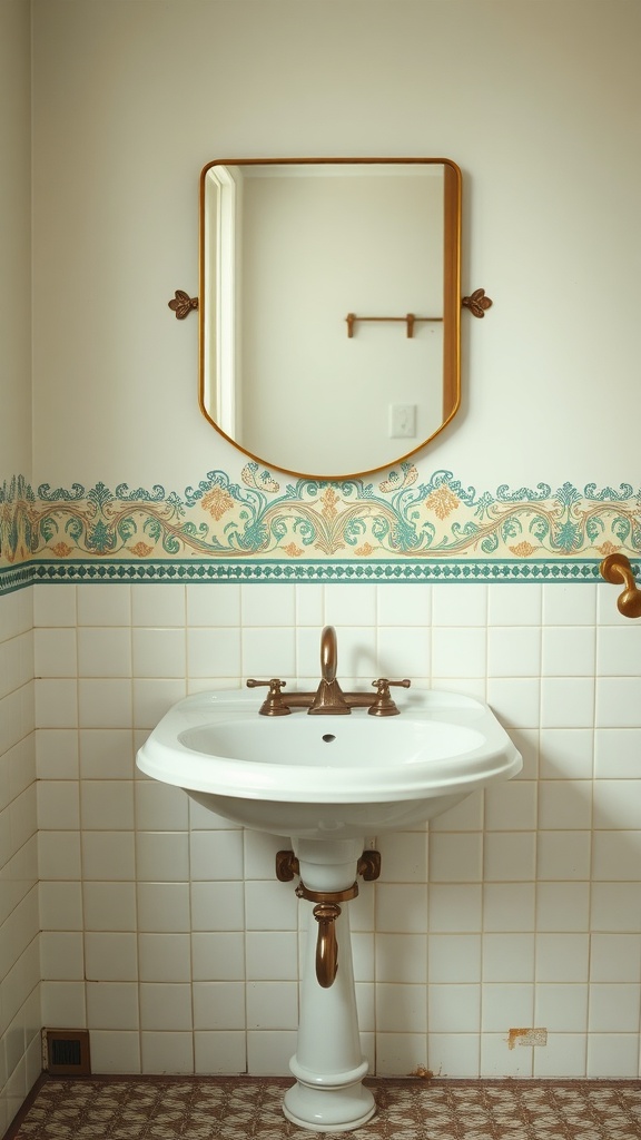 A vintage bathroom featuring a pedestal sink and a detailed tile backsplash with floral patterns