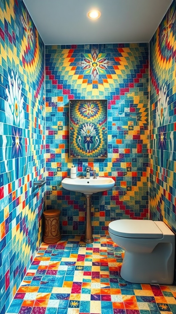 Colorful mosaic tile bathroom with bright patterns on walls and floor.