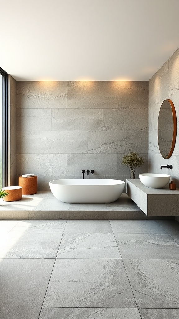 A modern bathroom with natural stone slabs, featuring a freestanding bathtub and minimalist sink.