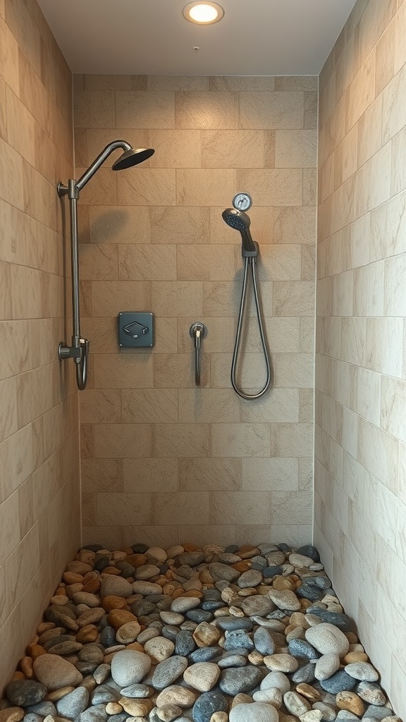 Pebble stone shower floor with tiled walls and shower fixtures